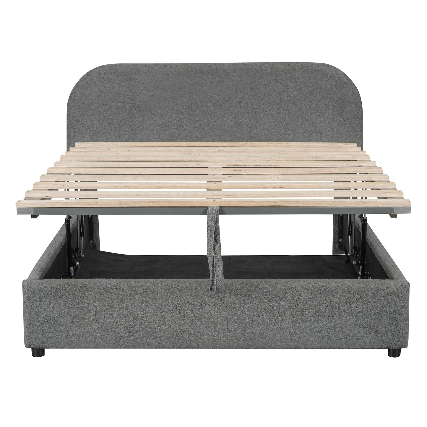 Grey upholstered storage bed frame with open ottoman lift mechanism and slatted base