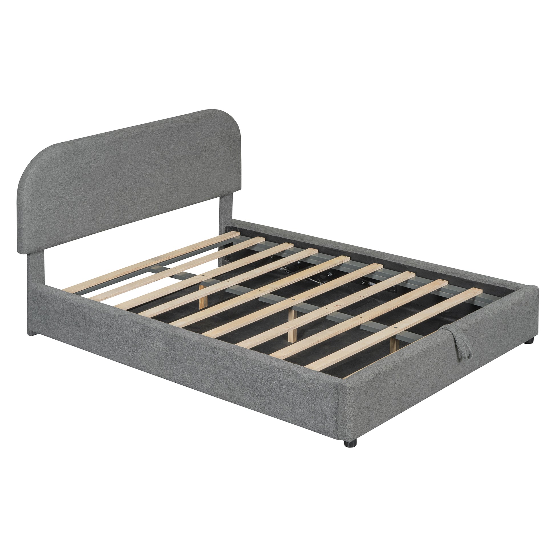 Gray upholstered queen bed frame with wooden slats