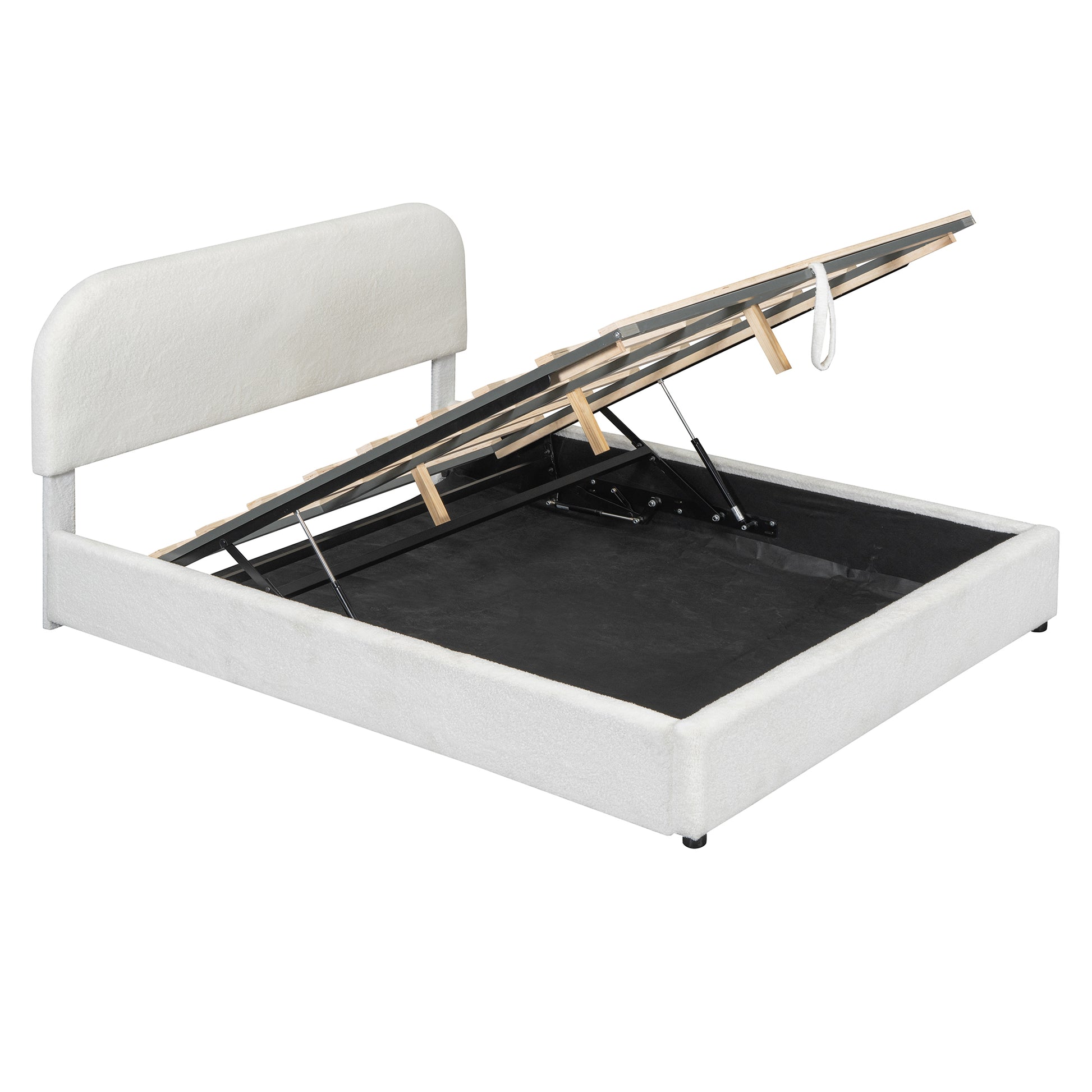 White upholstered storage bed frame with lifted mattress base