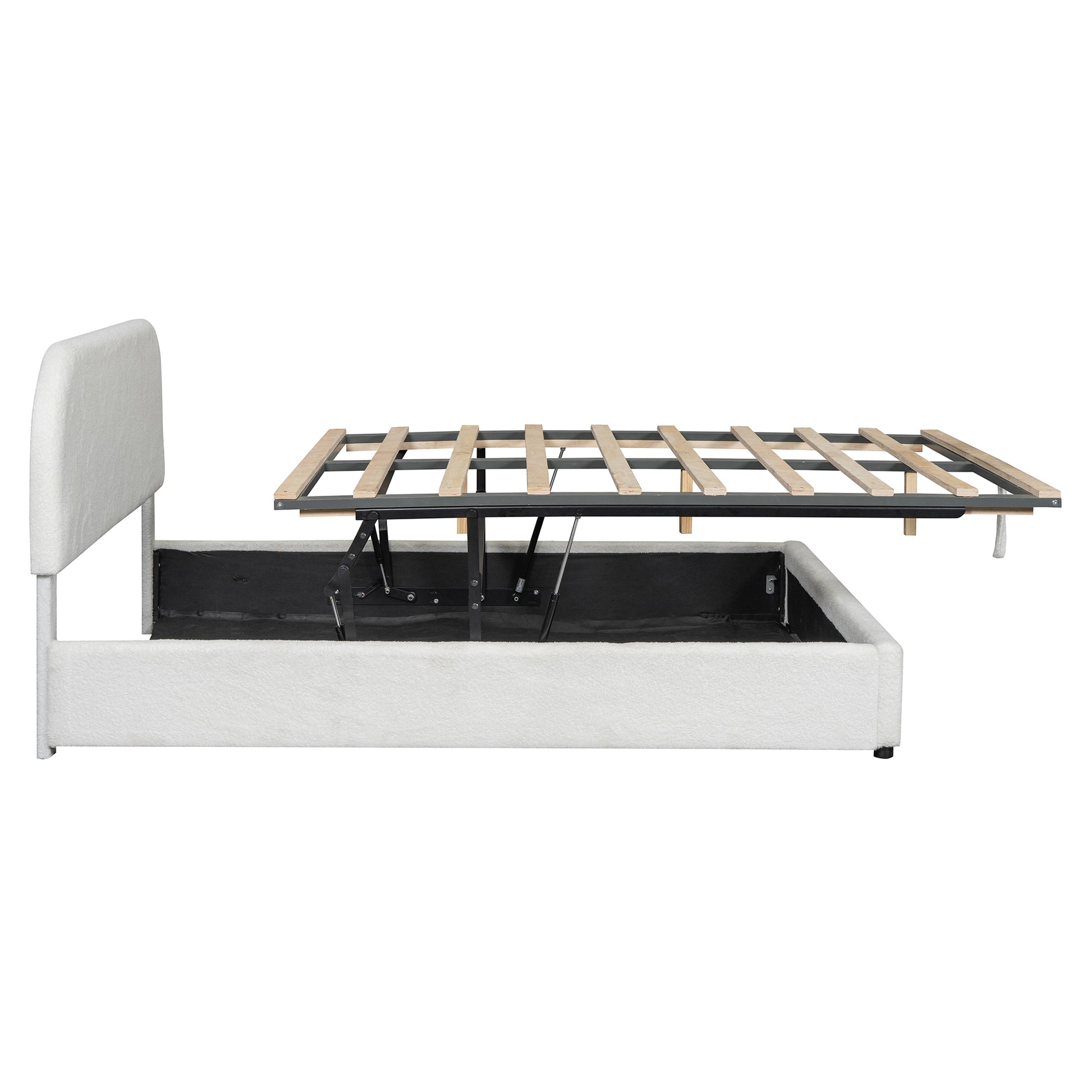White upholstered bed frame with open storage and liftup mattress support