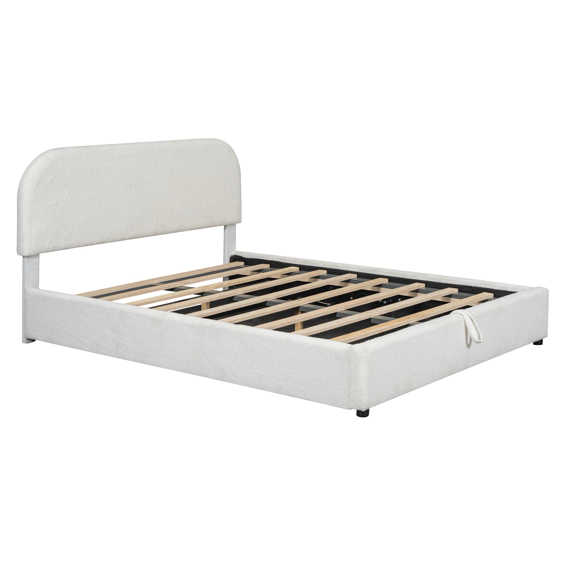 Cream boucle upholstered platform bed frame with wooden slats and a curved headboard