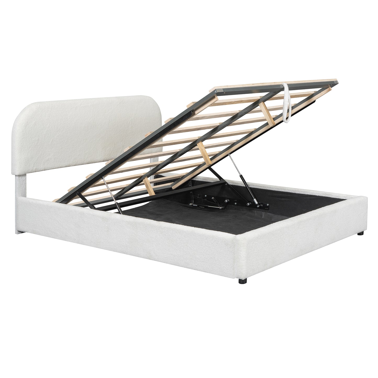 White upholstered bed frame with open storage mechanism and wooden slats