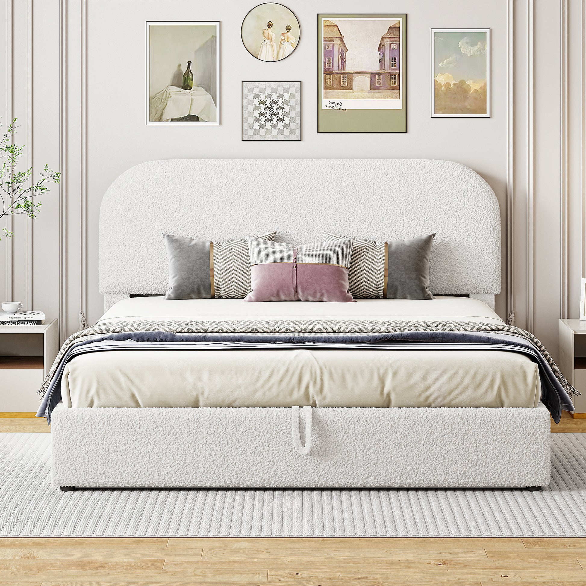 Cozy white teddy fabric upholstered platform bed with storage queen size