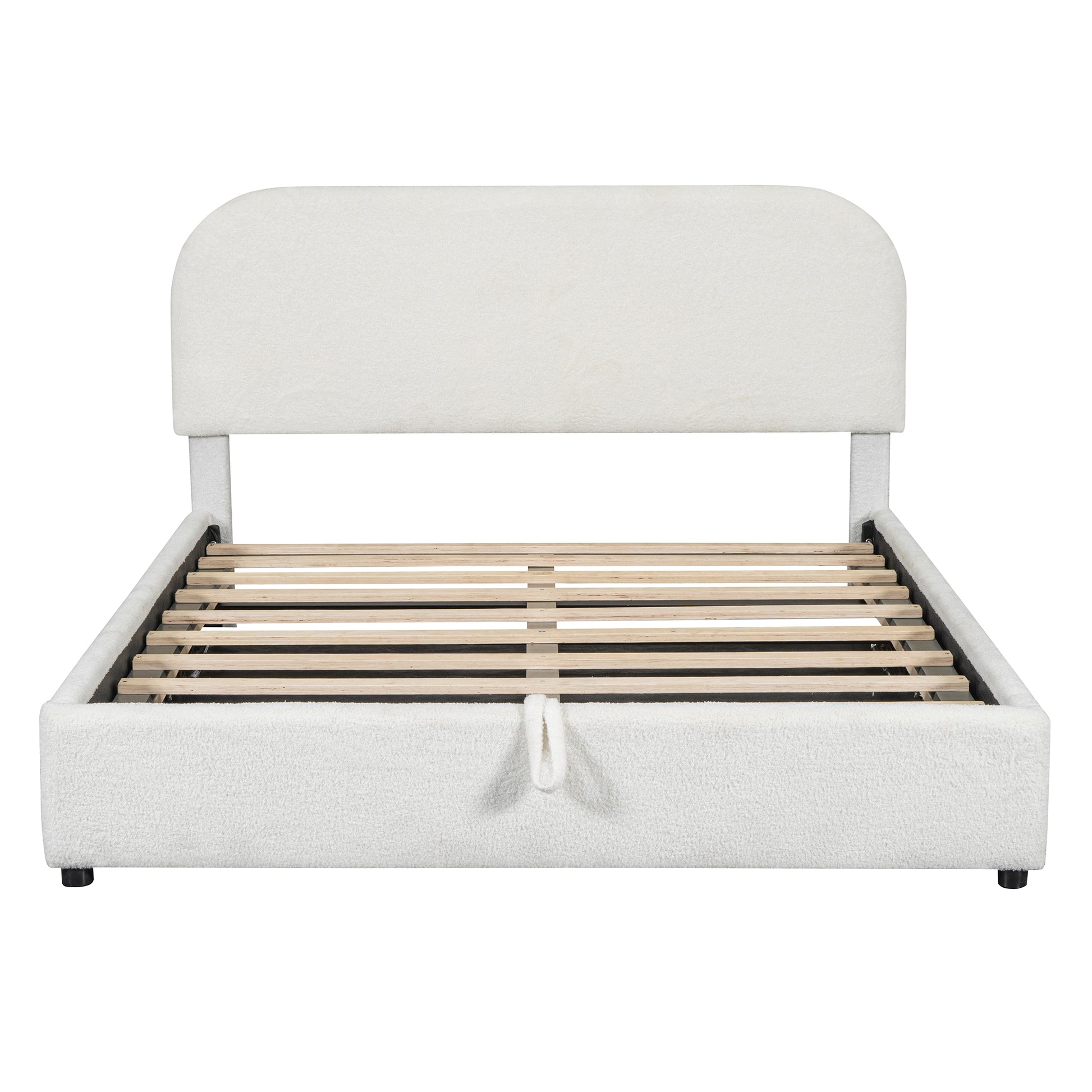 White boucle fabric bed frame with arched headboard and wooden slats