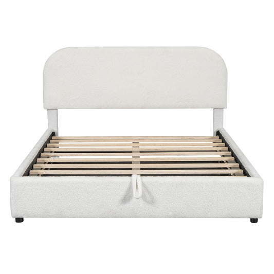 White boucle fabric bed frame with arched headboard and wooden slats