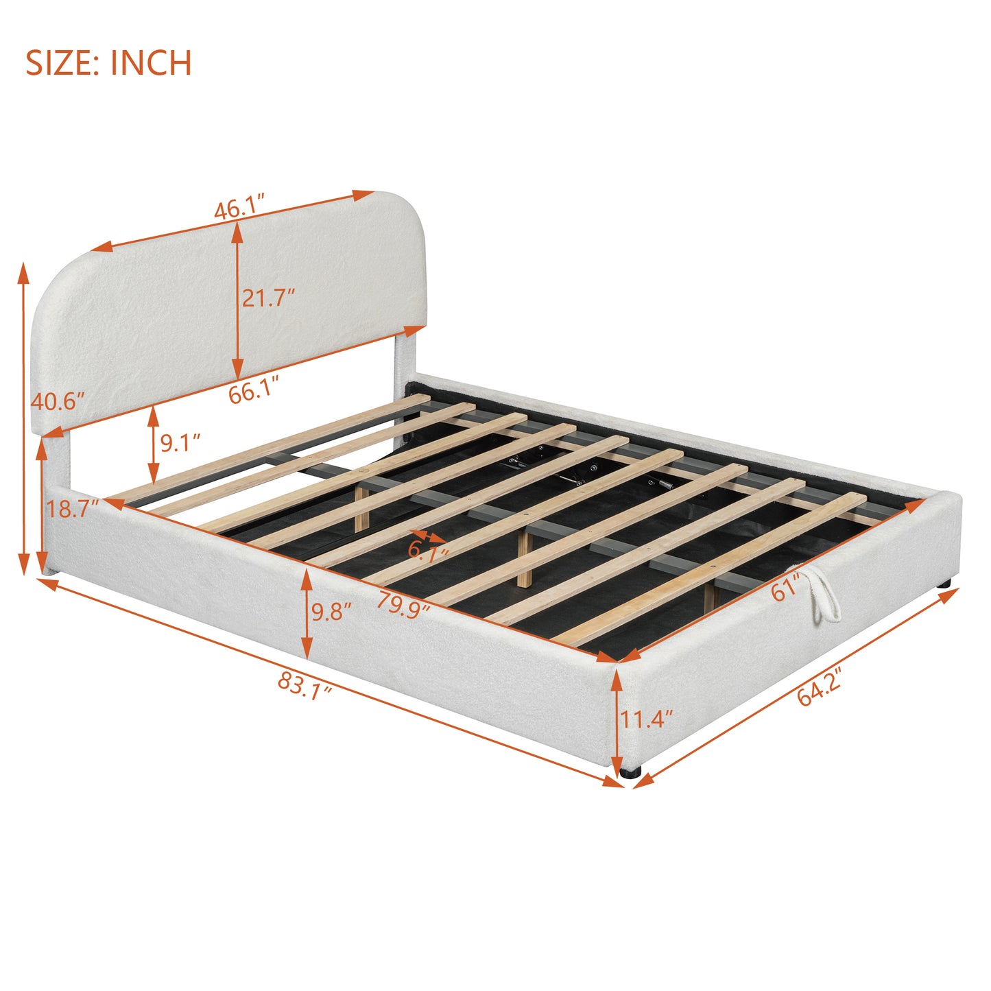 White fabric platform bed frame with wooden slats and headboard