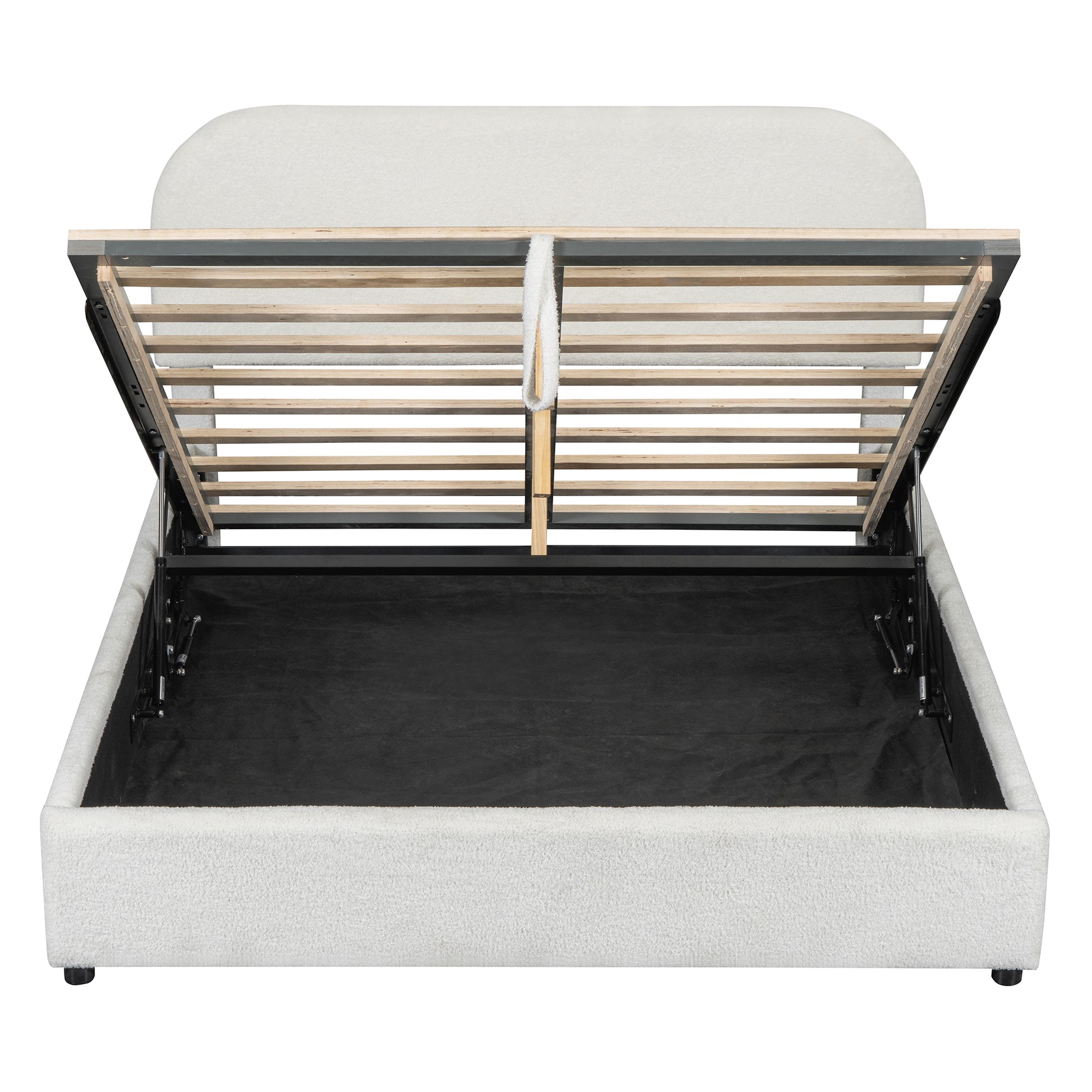 White upholstered bed frame with open storage compartment and slatted base