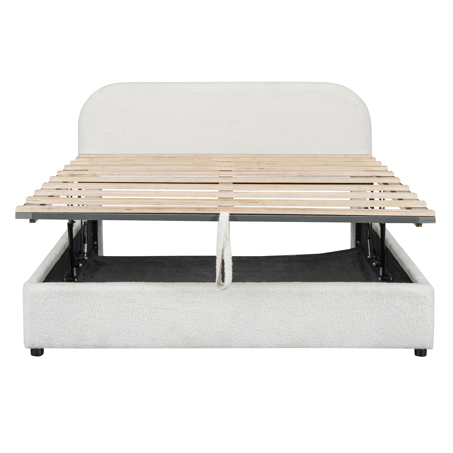 White upholstered storage bed frame with open wooden slats