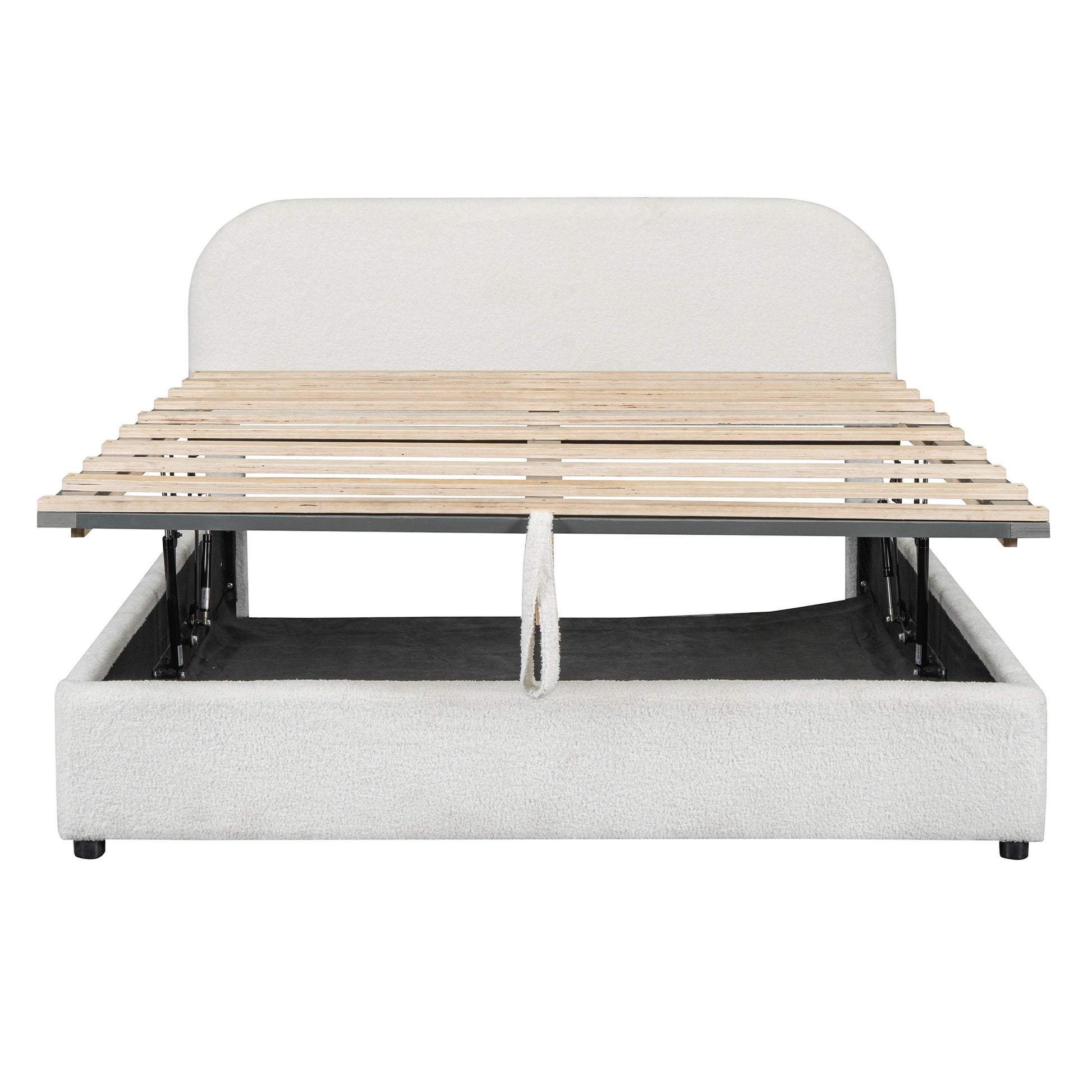 White upholstered storage bed frame with open wooden slats