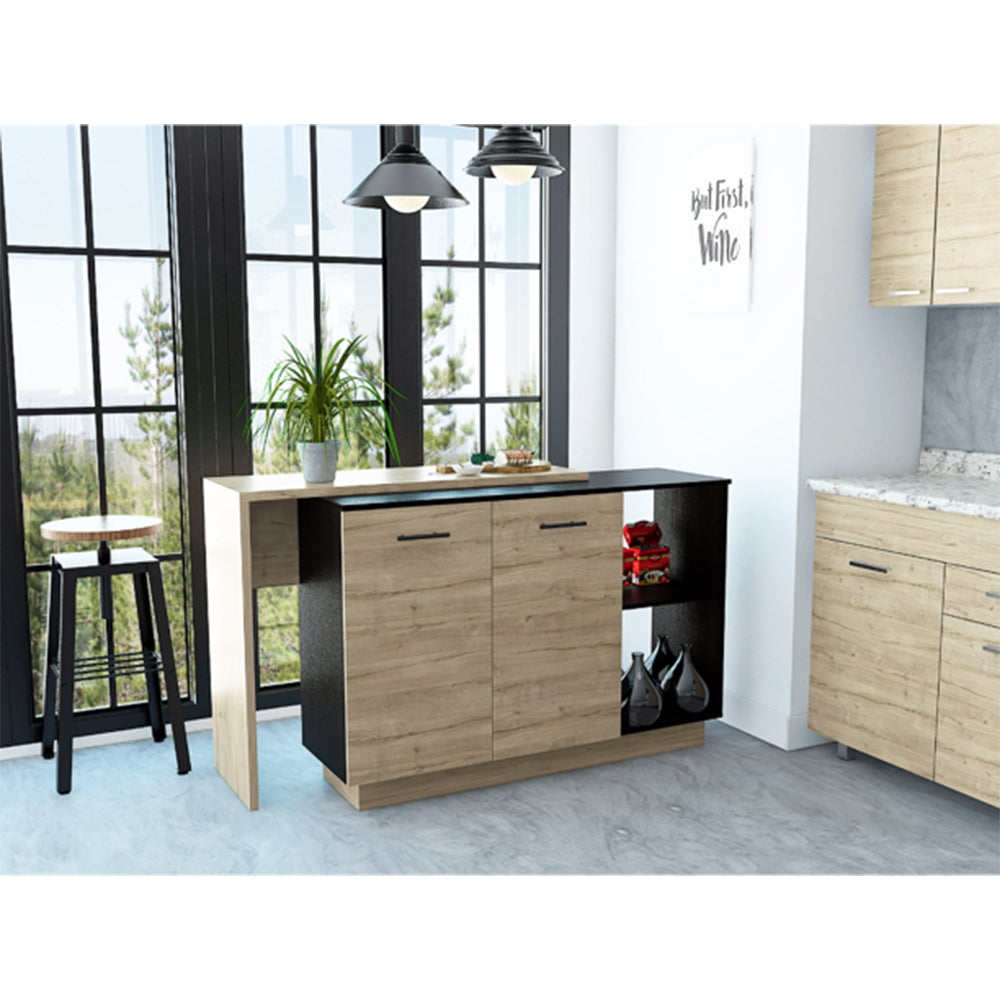 Modern island bar with light wood grain cabinets and black countertop