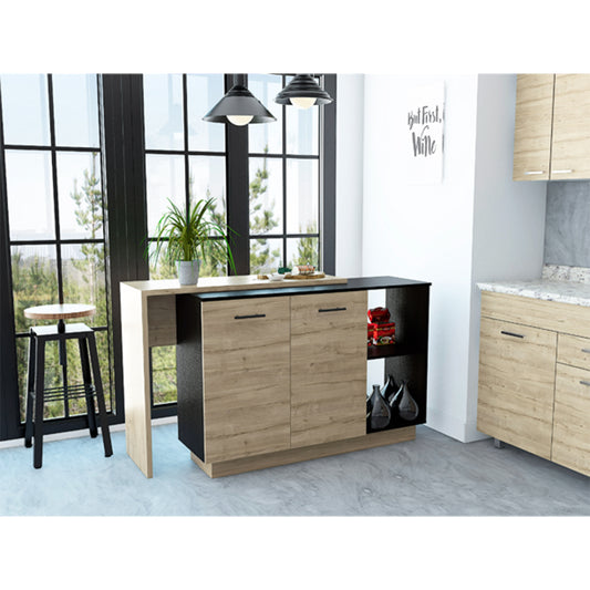 Modern island bar with light wood grain cabinets and black countertop