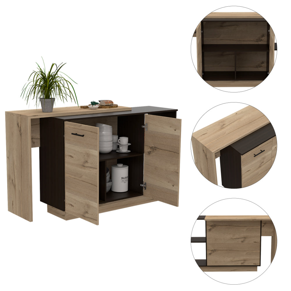 Modern oak and dark wood kitchen island with open doors showing dishware