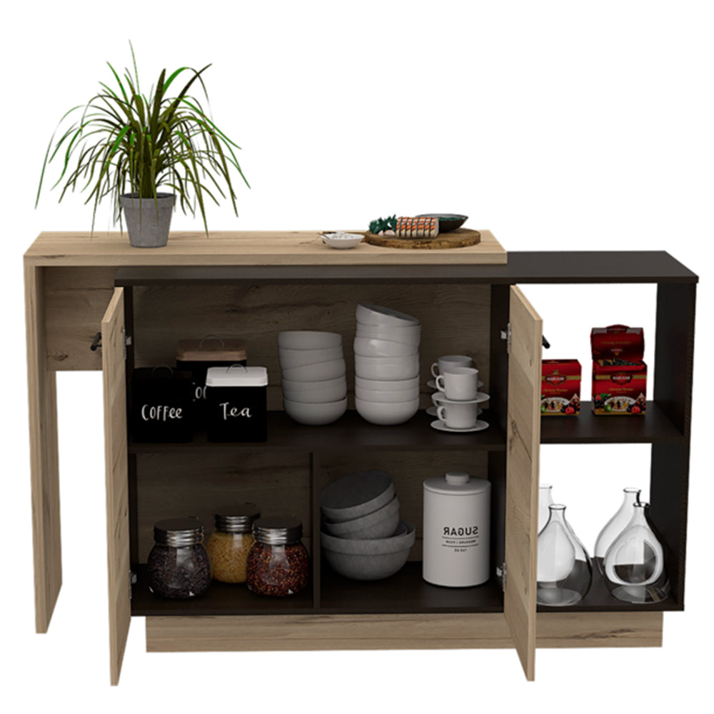 Modern sideboard with light wood finish and black accents featuring open shelving and cabinet storage