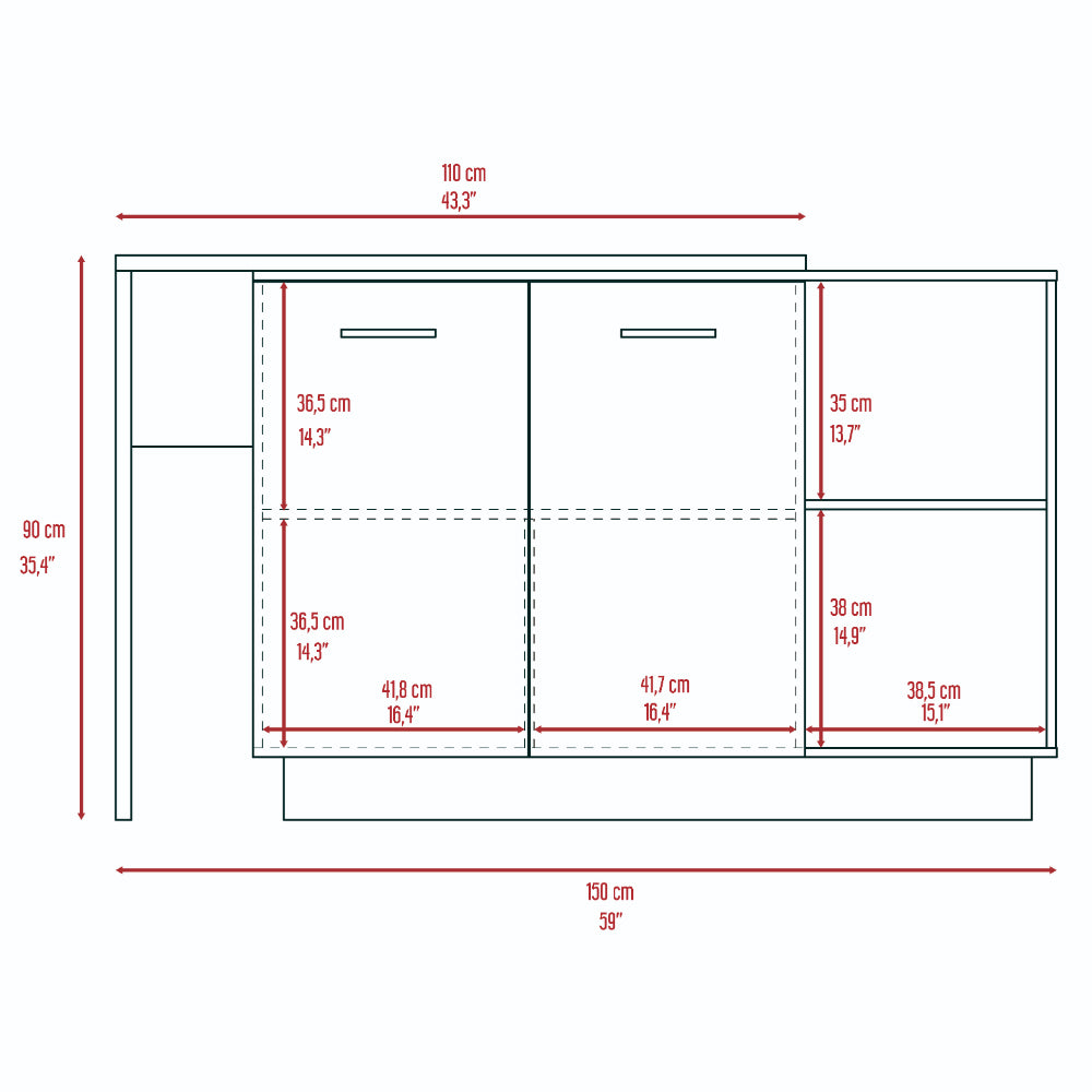 White dresser dimensions schematic with  drawers and open shelving
