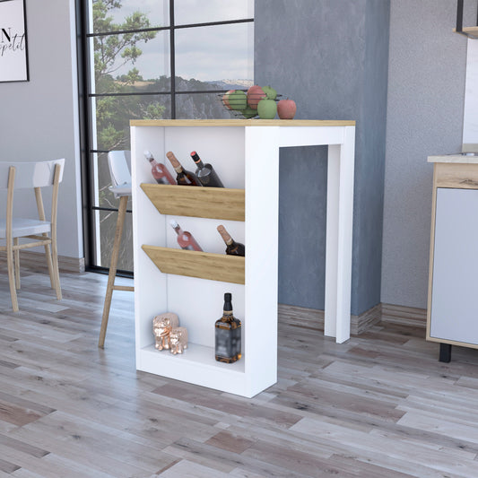 White and wood bar table with angled wine storage and decorative figures
