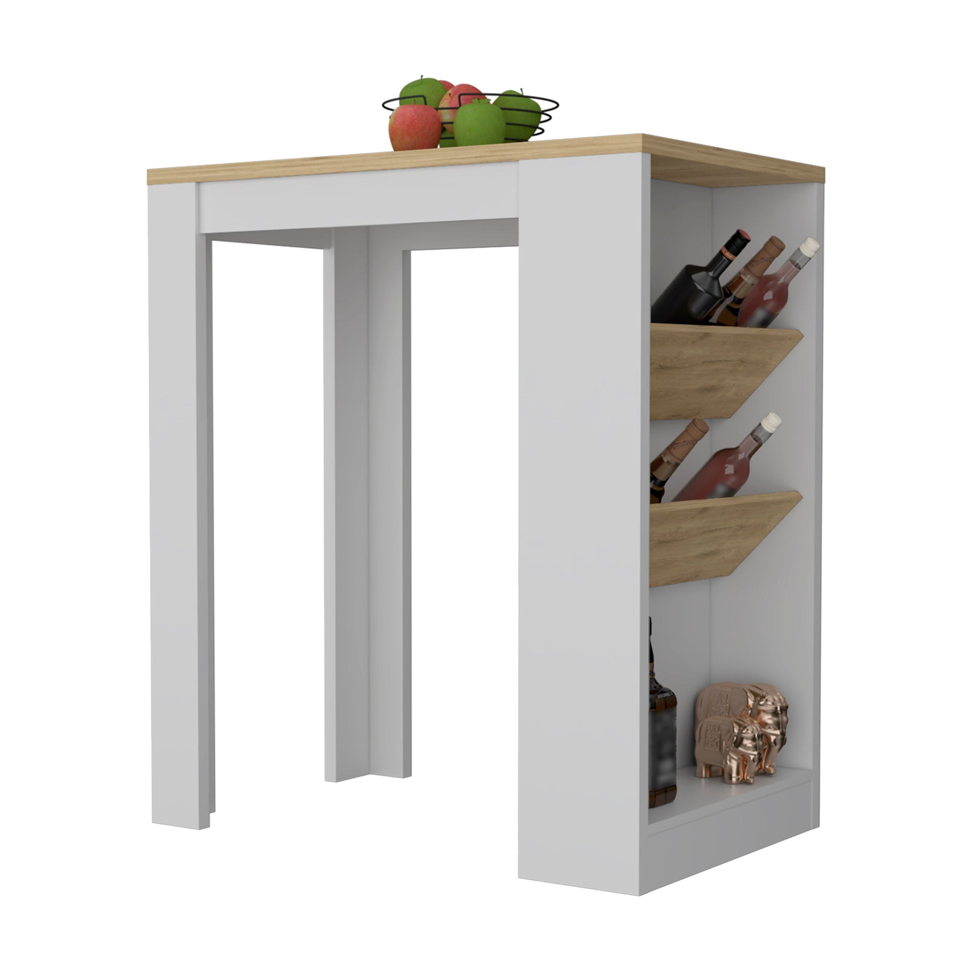 White and wood narrow bar table with wine rack shelves