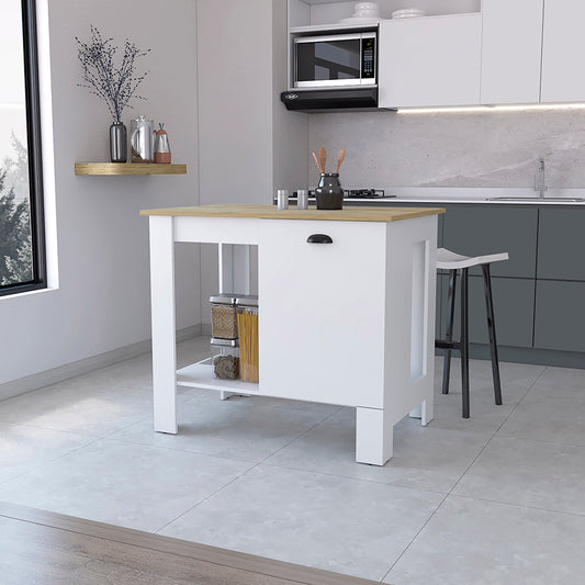 Compact white kitchen island with wood countertop and open shelving storing pasta