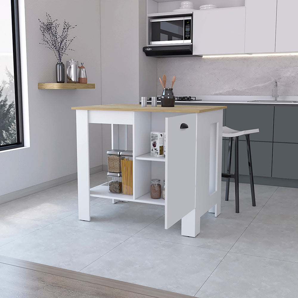 White kitchen island with wood top open shelves and cabinet