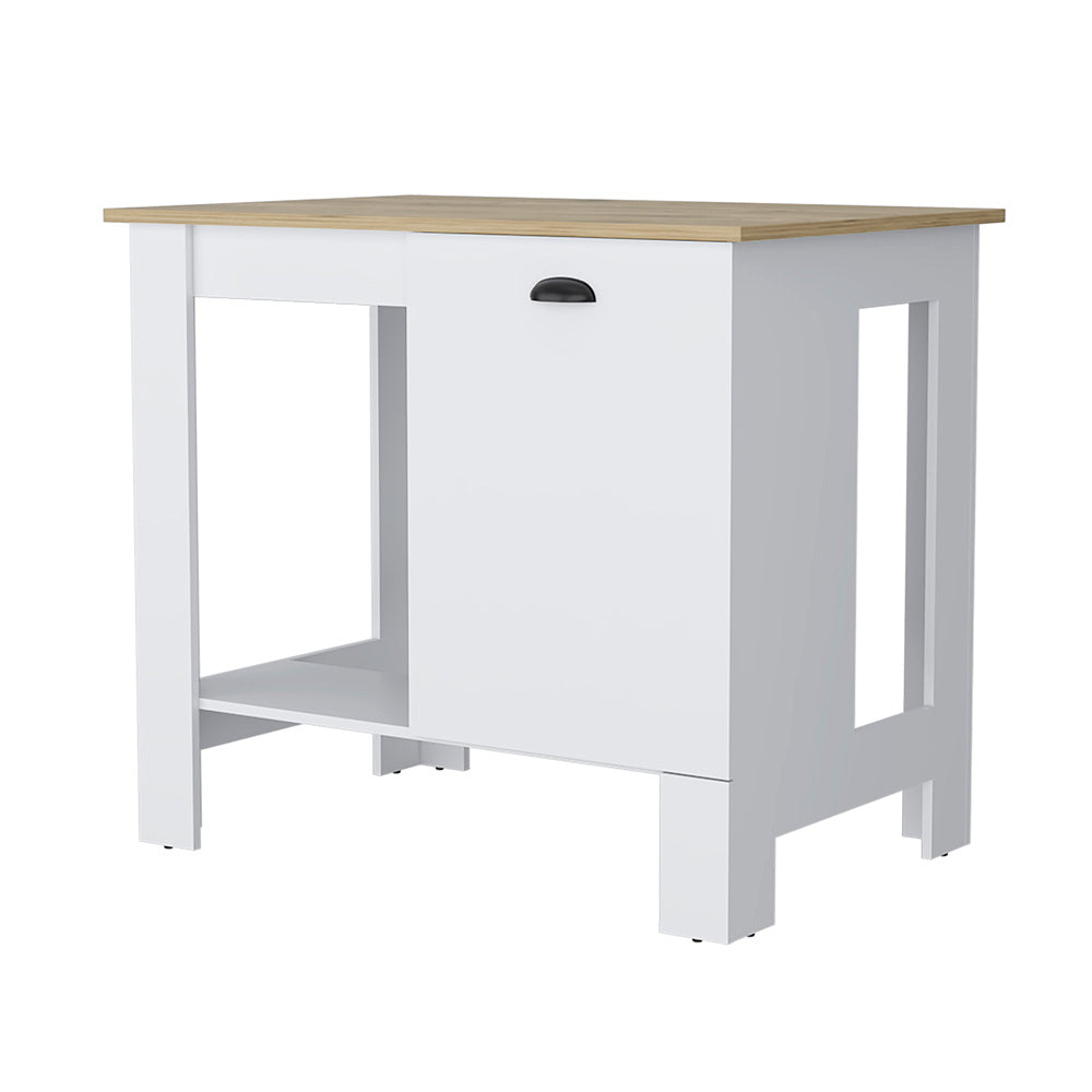 White kitchen island with a light wood countertop and a single drawer