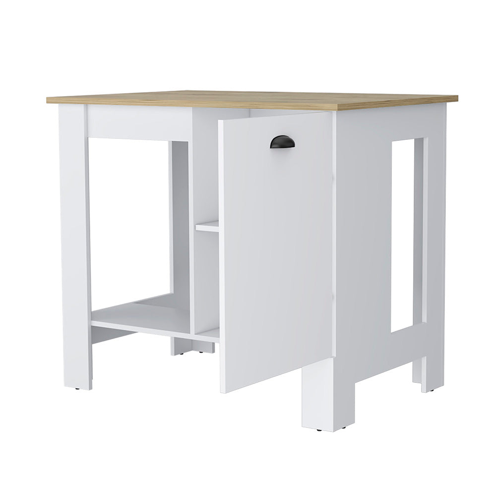 White kitchen island cart with natural wood top and open shelving