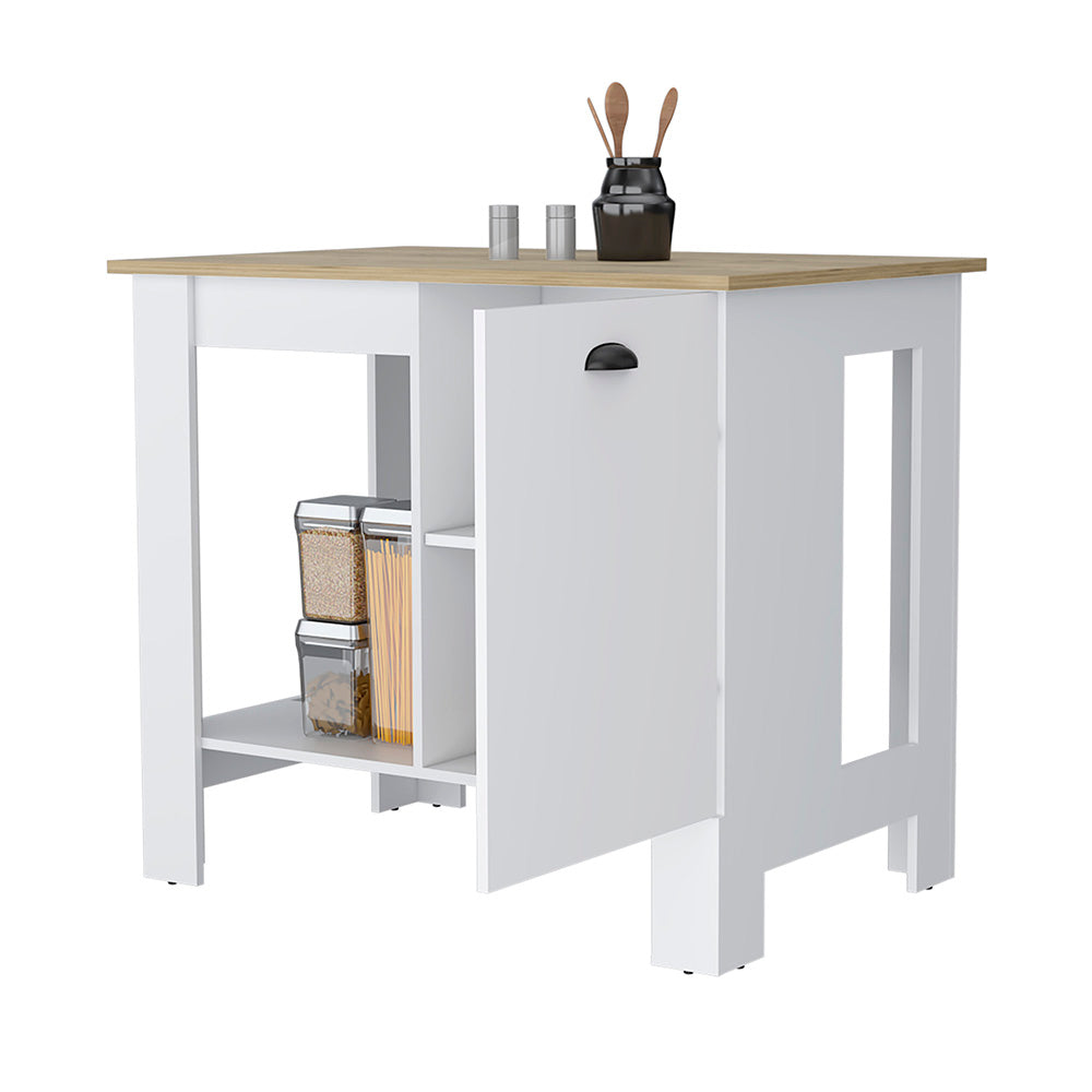 White kitchen island with open shelving and wooden countertop