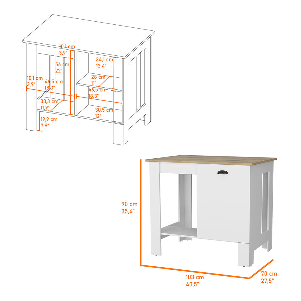 White kitchen island with wood top and drawer