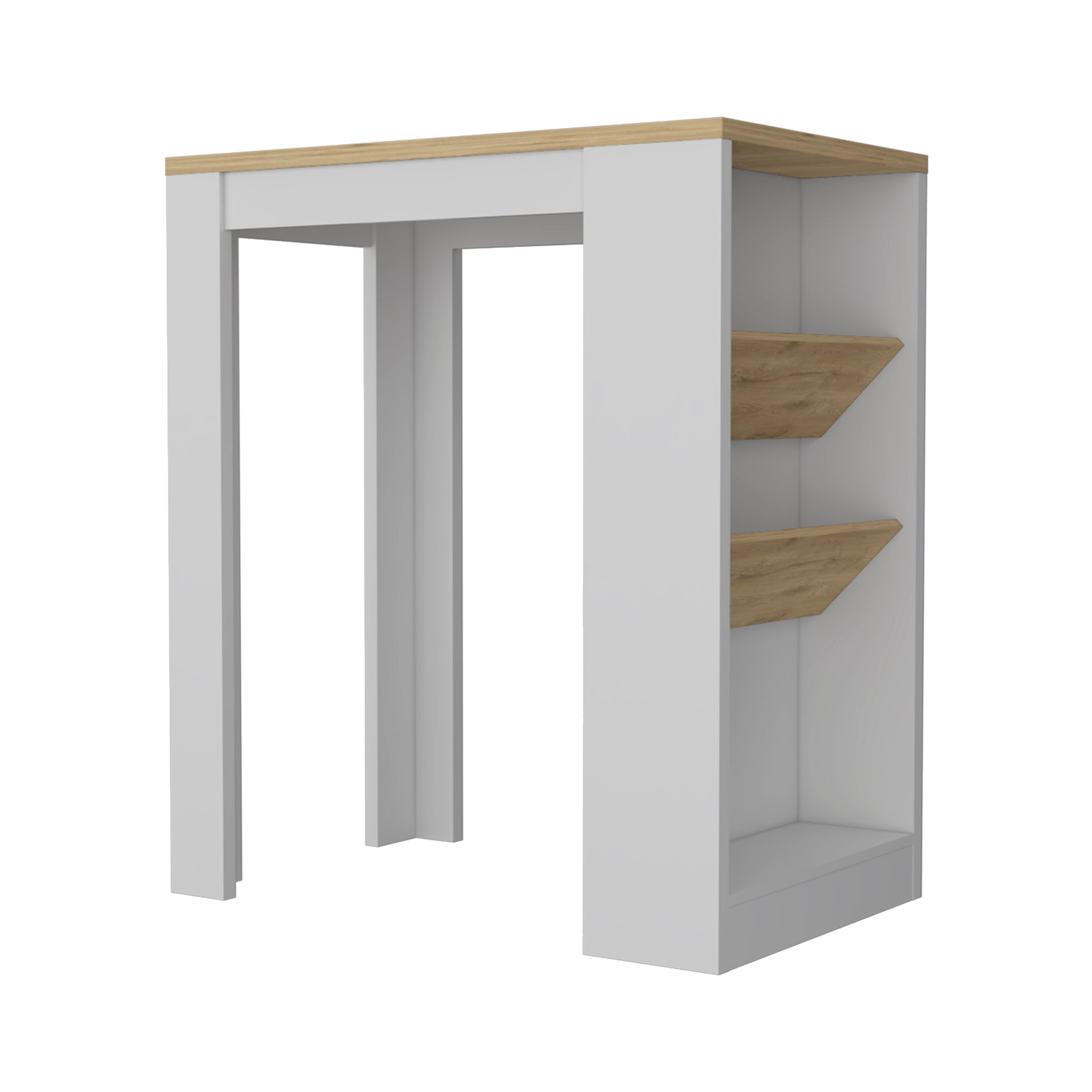 Modern white console table with natural wood top and two shelves