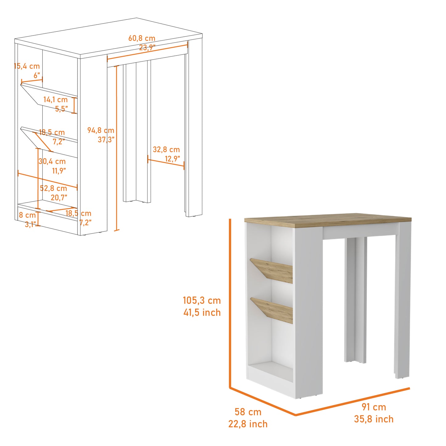 White and wood high top table with integrated shelving