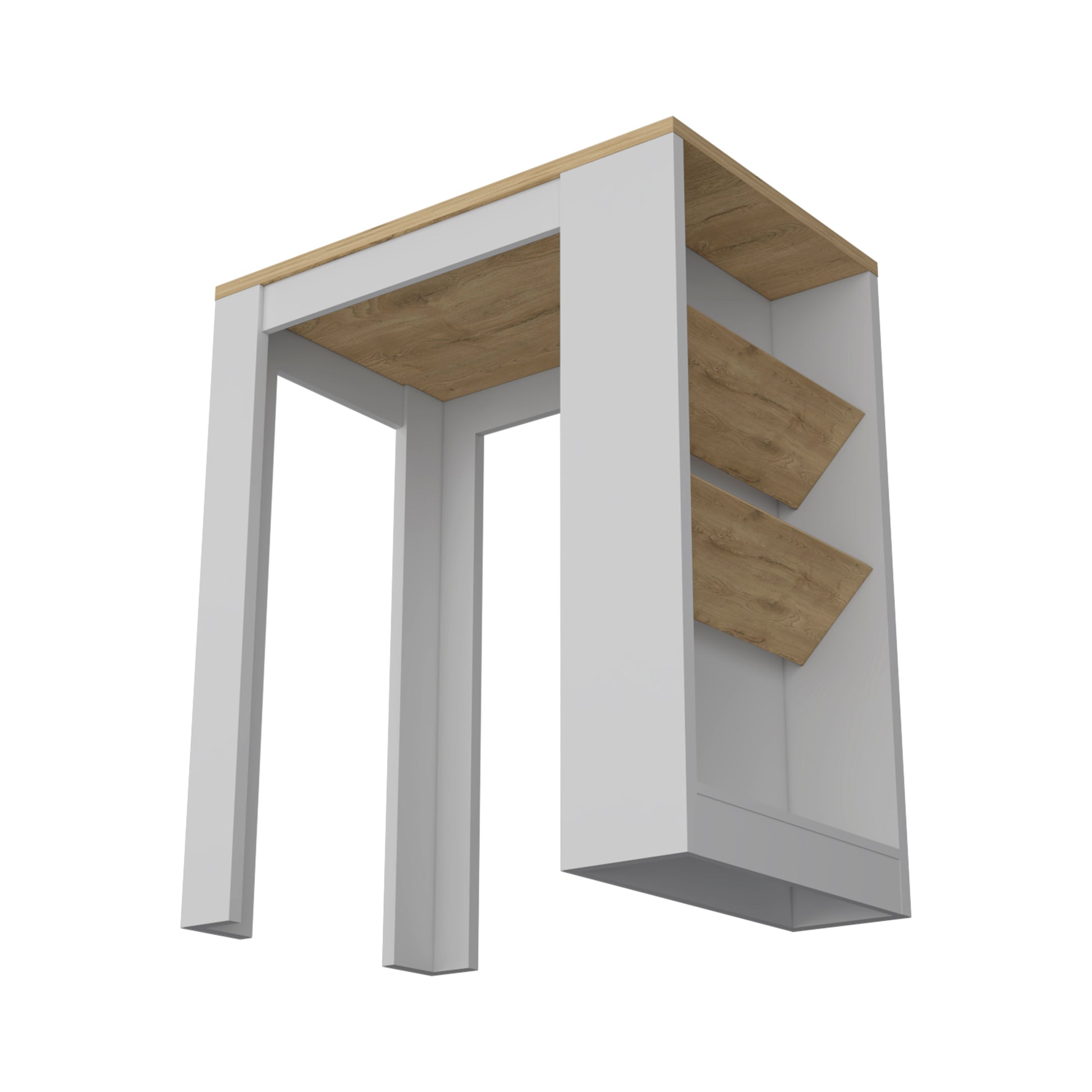 Modern white console table with natural wood shelving and top