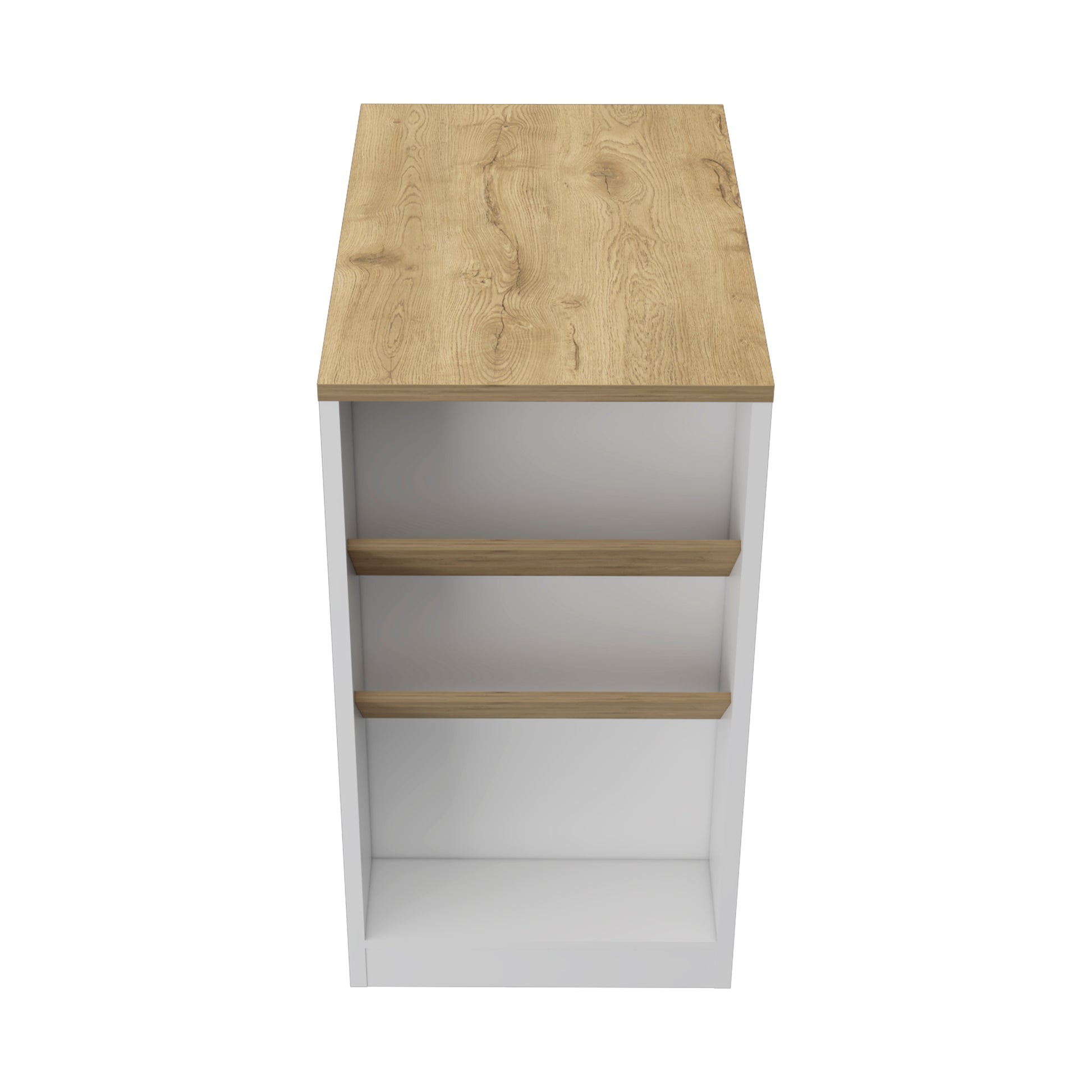 White modern shelving unit with light oak effect shelves and top
