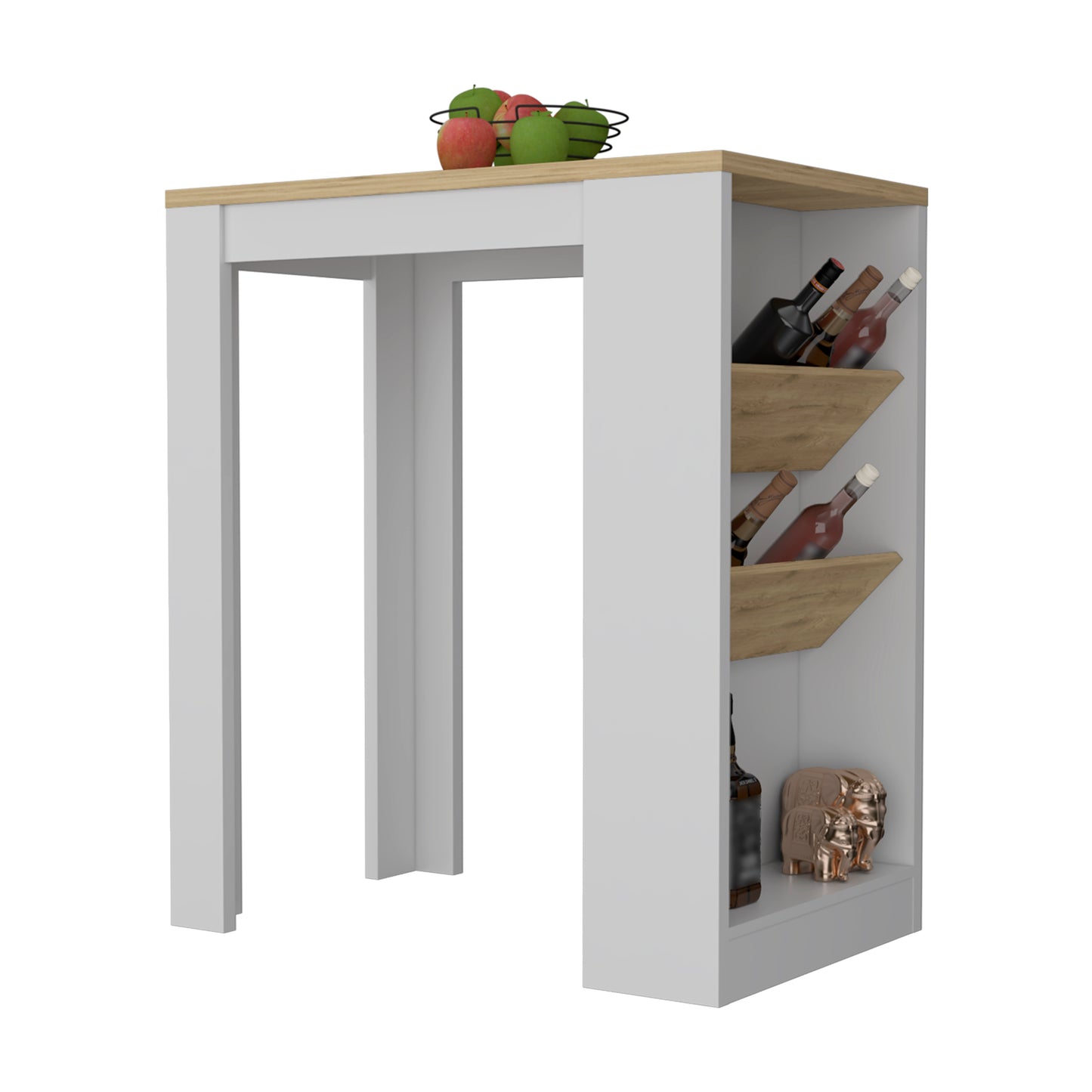 White and wood bar table with wine racks and decorative elephants