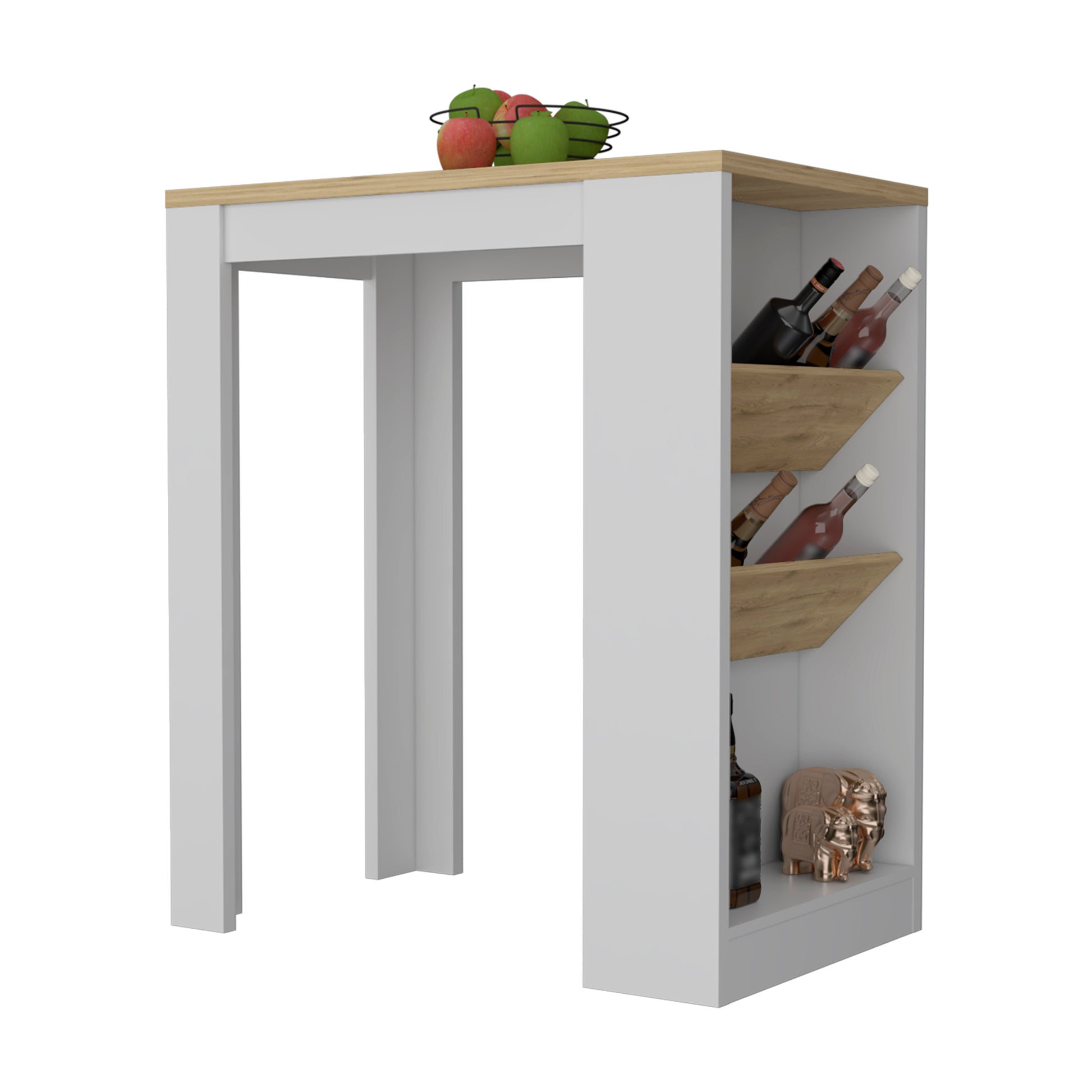 White and wood bar table with wine racks and decorative elephants