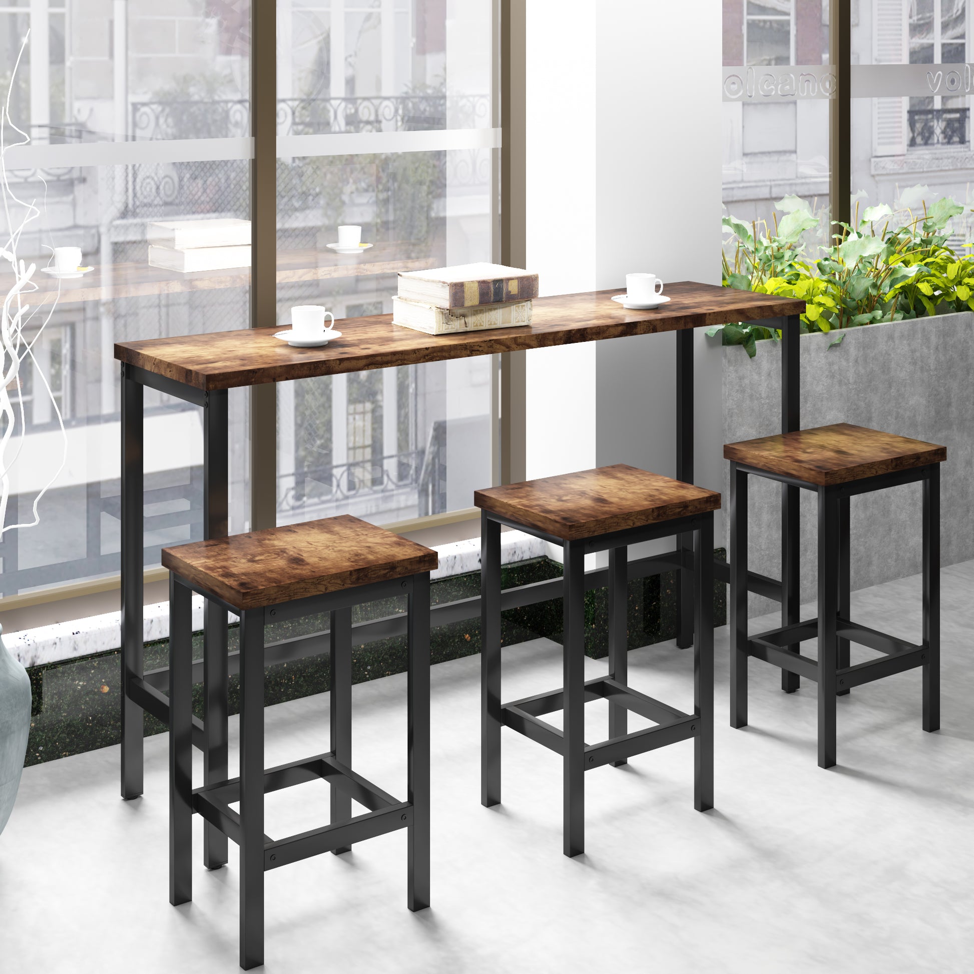 Rustic wood bar table with black metal legs