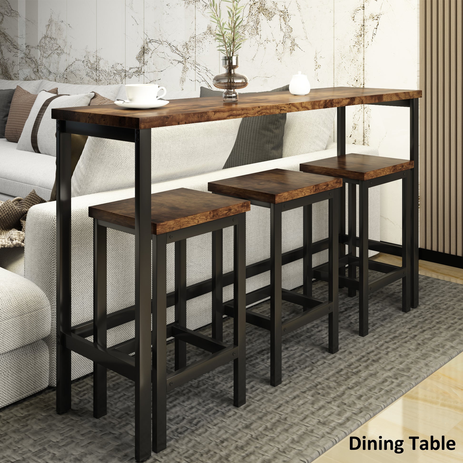 Rustic brown wood top dining table with black metal frame