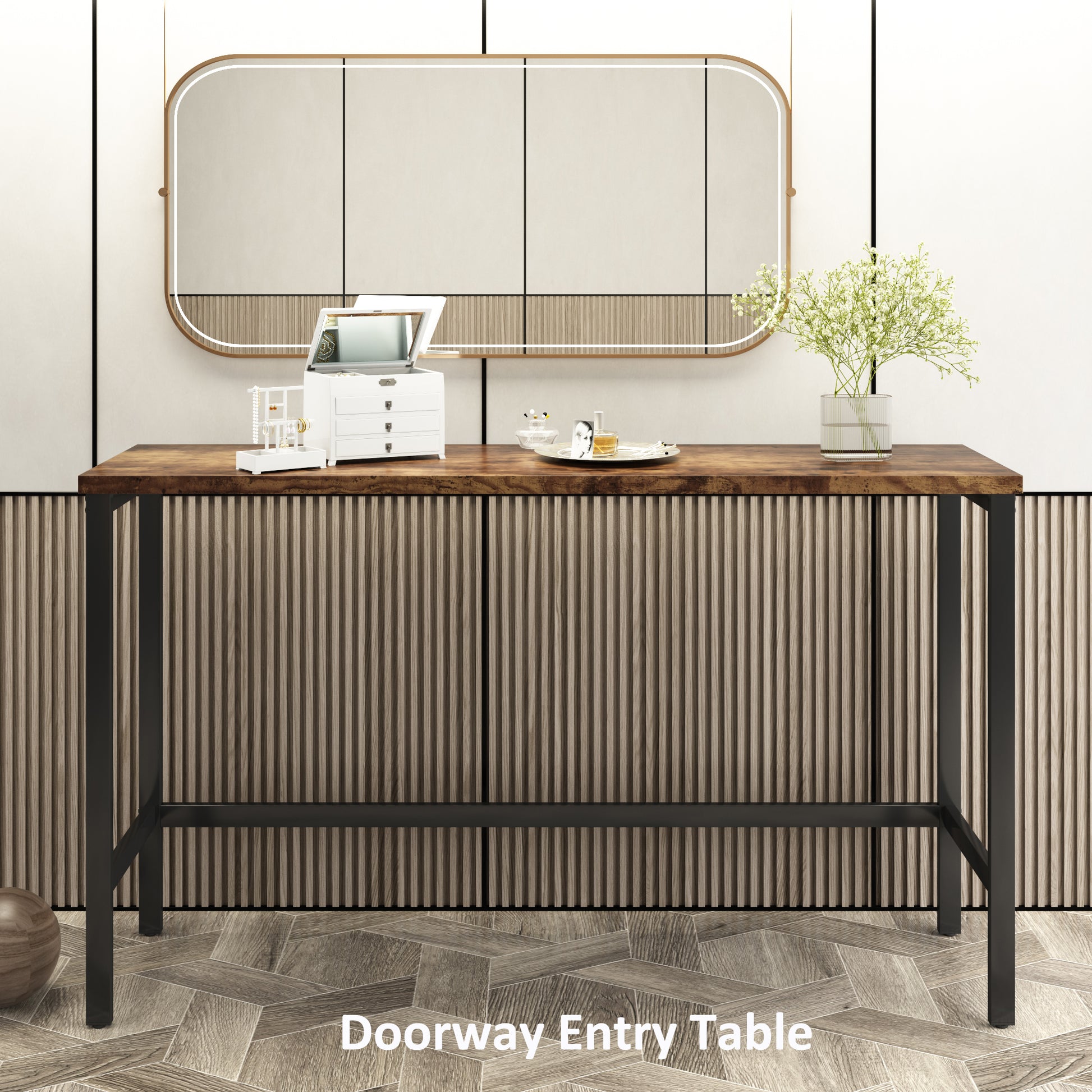 Dark wood and black metal console table with fluted cabinet doors