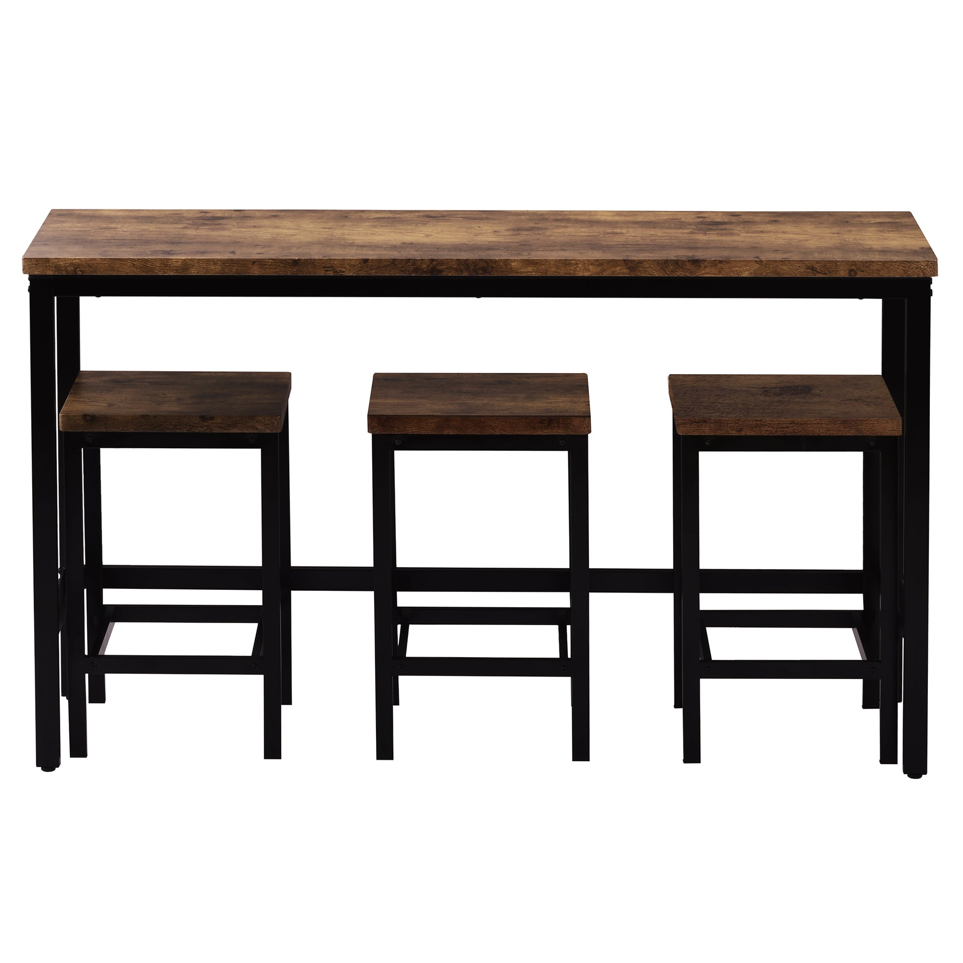 Rustic wood and black metal bar table with three stools