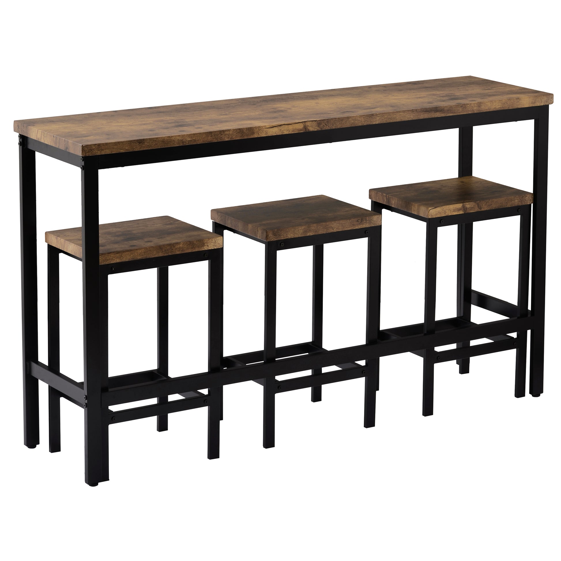 Rustic wood and black metal bar table with three stools