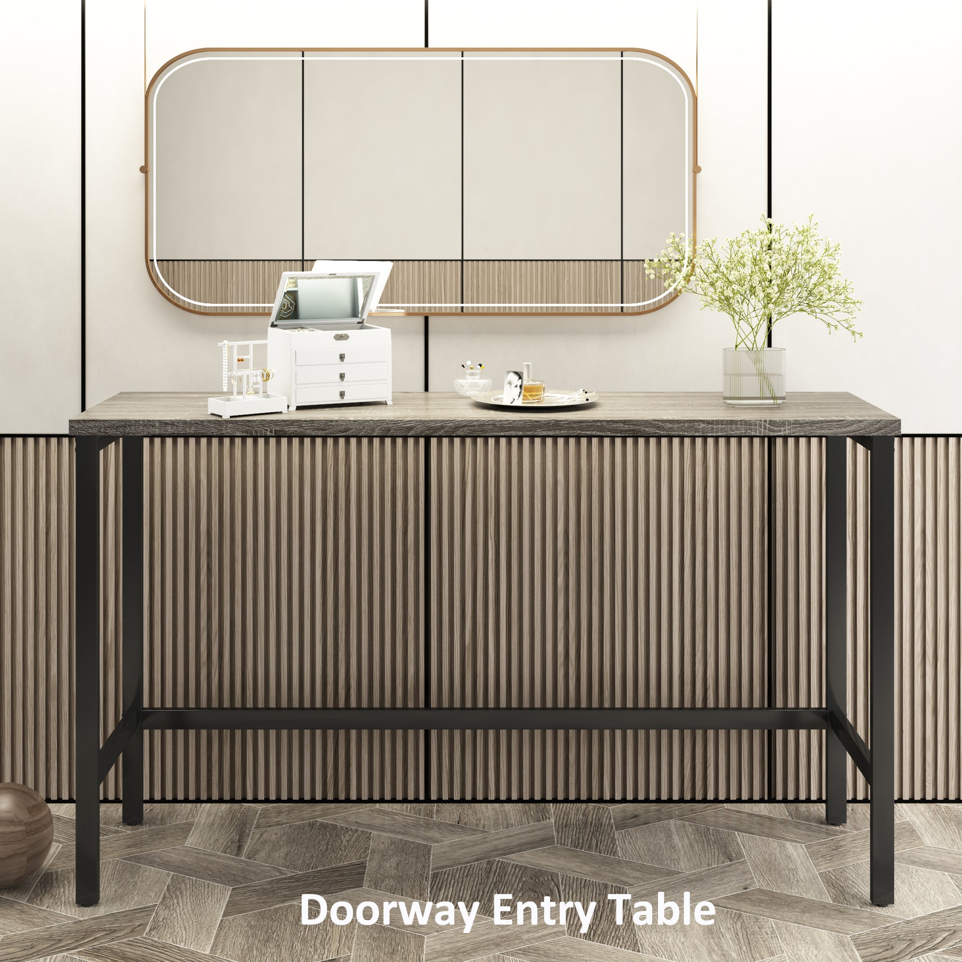 Sleek doorway entry table with distressed wood top and black metal legs