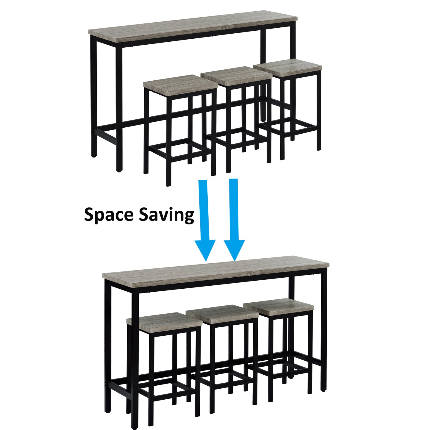 Gray wood and black metal bar table set with three stools tucked underneath