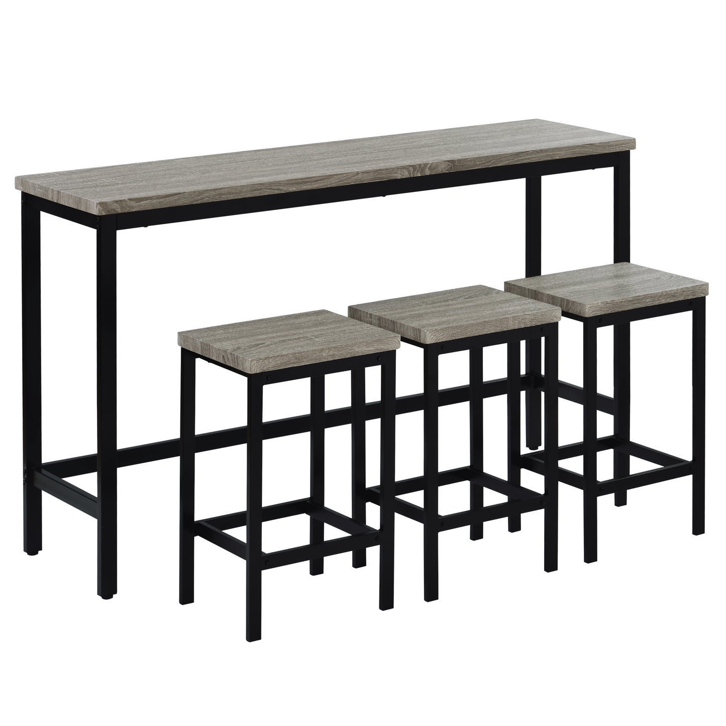 Grey wood grain counter height table set with three black stools