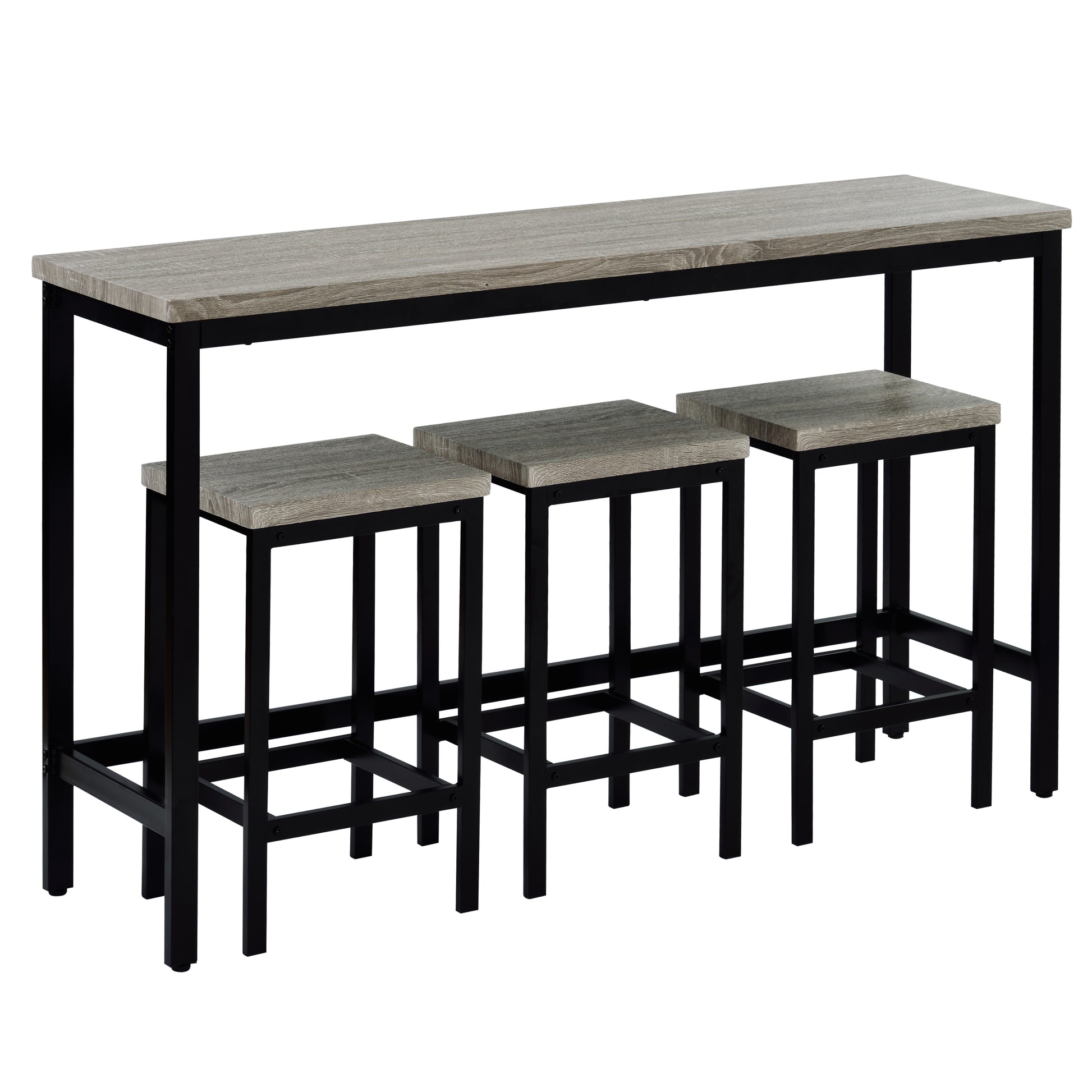Rustic wood bar table with three black metal stools