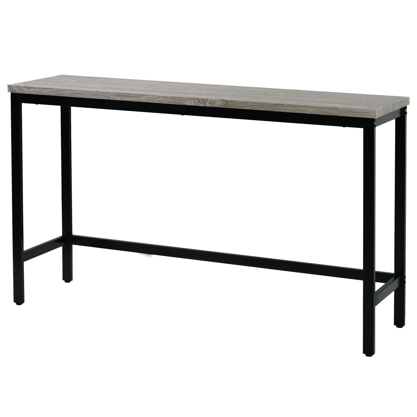 Gray wood grain top bar table with black metal legs
