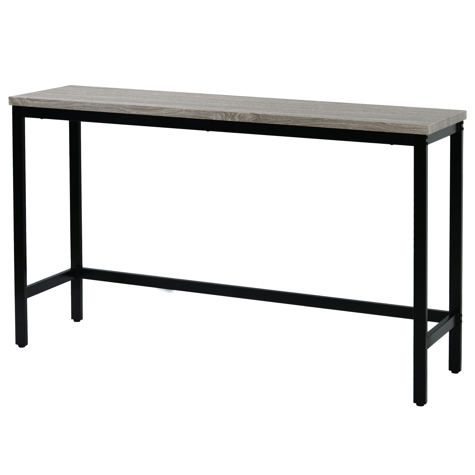 Gray wood grain top bar table with black metal legs