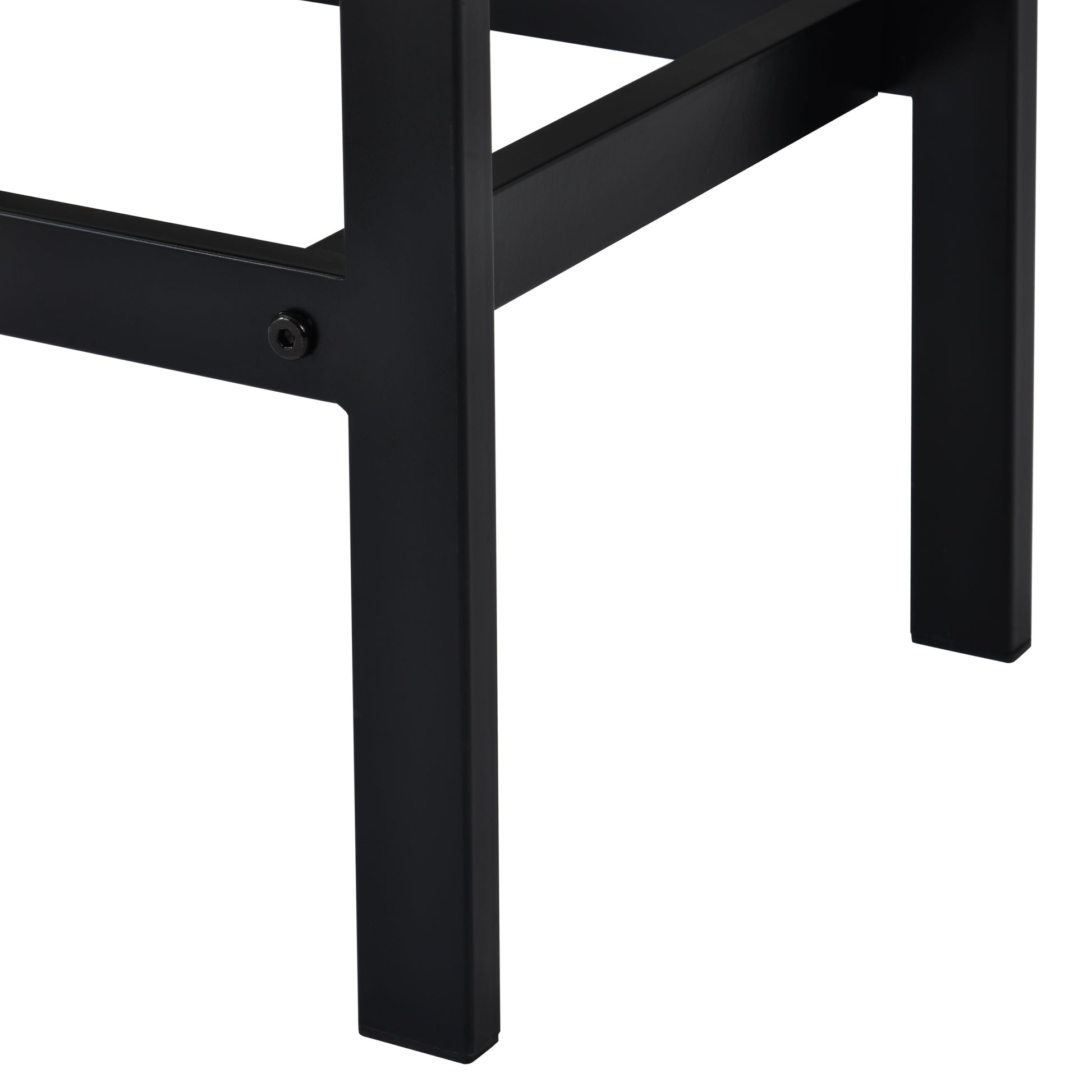 Closeup of black metal furniture leg with visible screw assembly