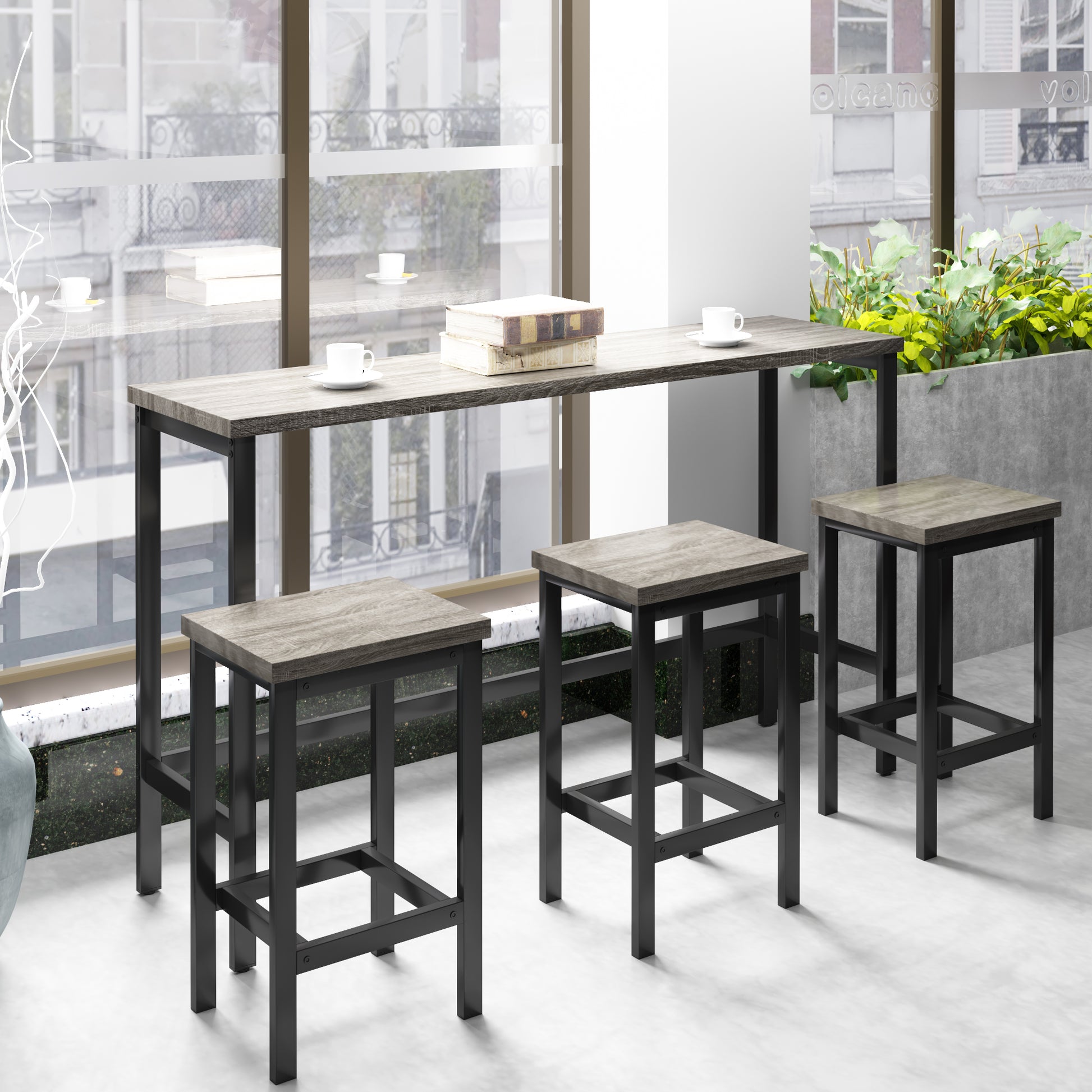 Gray wood and black metal bar stool