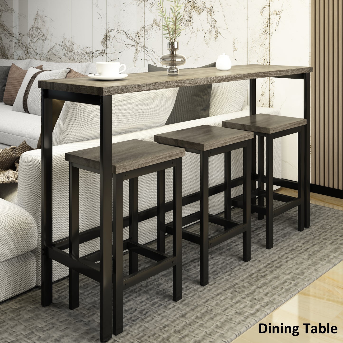 Rustic brown wood pub table with three matching stools