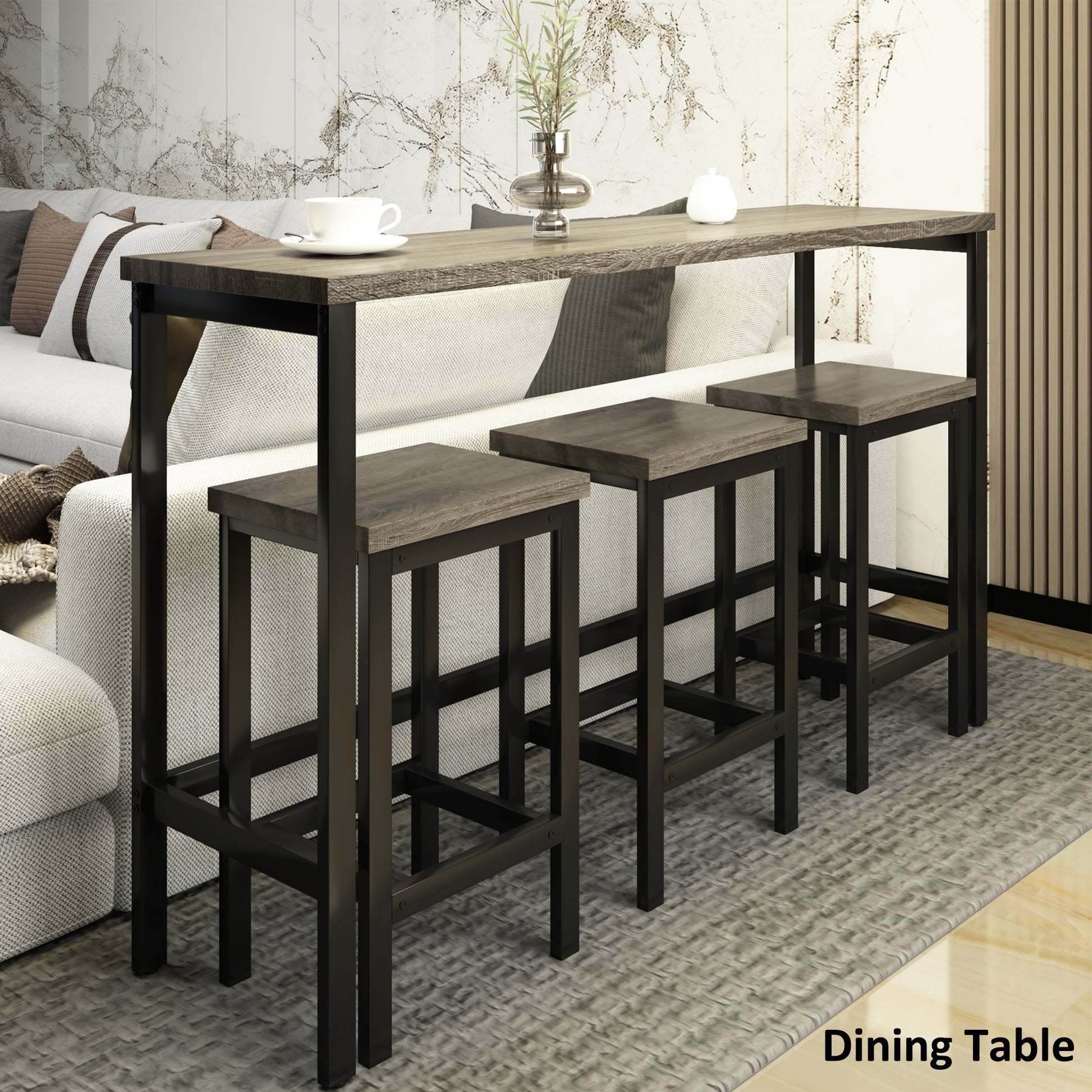 Rustic brown wood pub table with three matching stools
