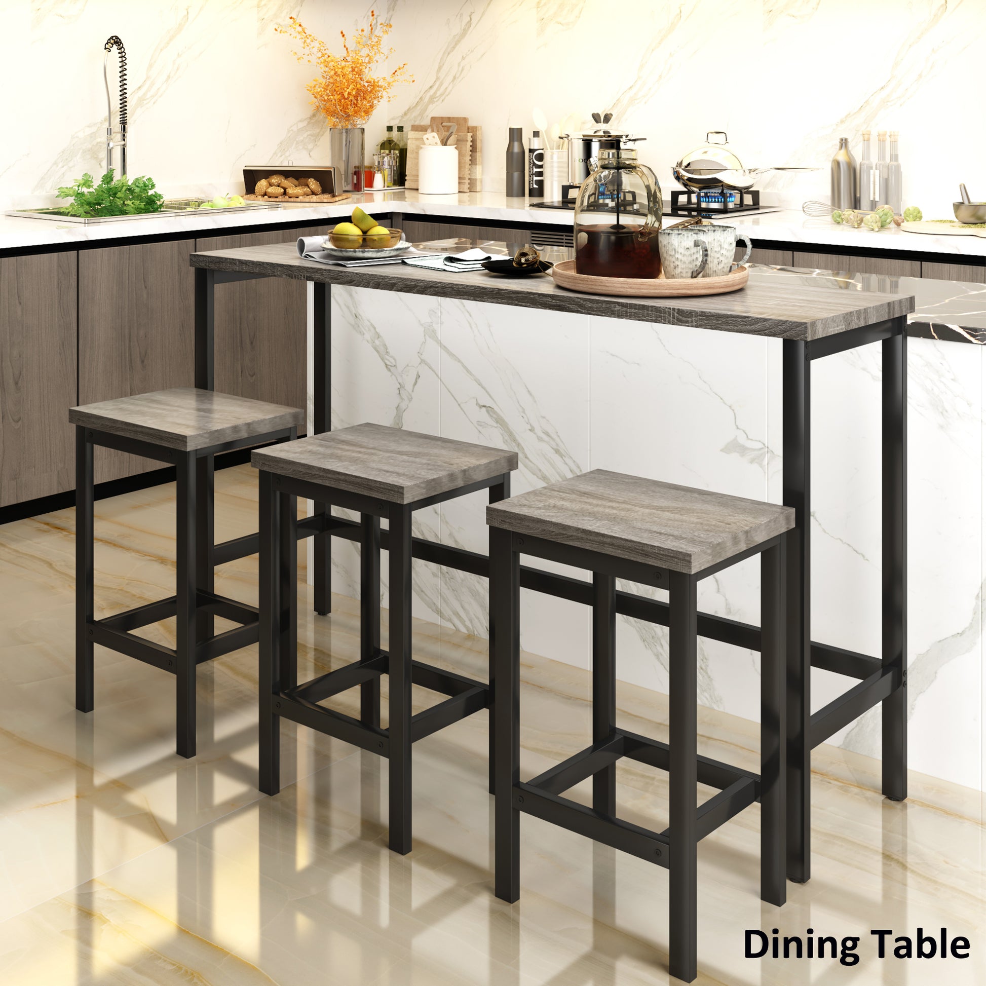 Gray wood and black metal bar height dining table with three stools