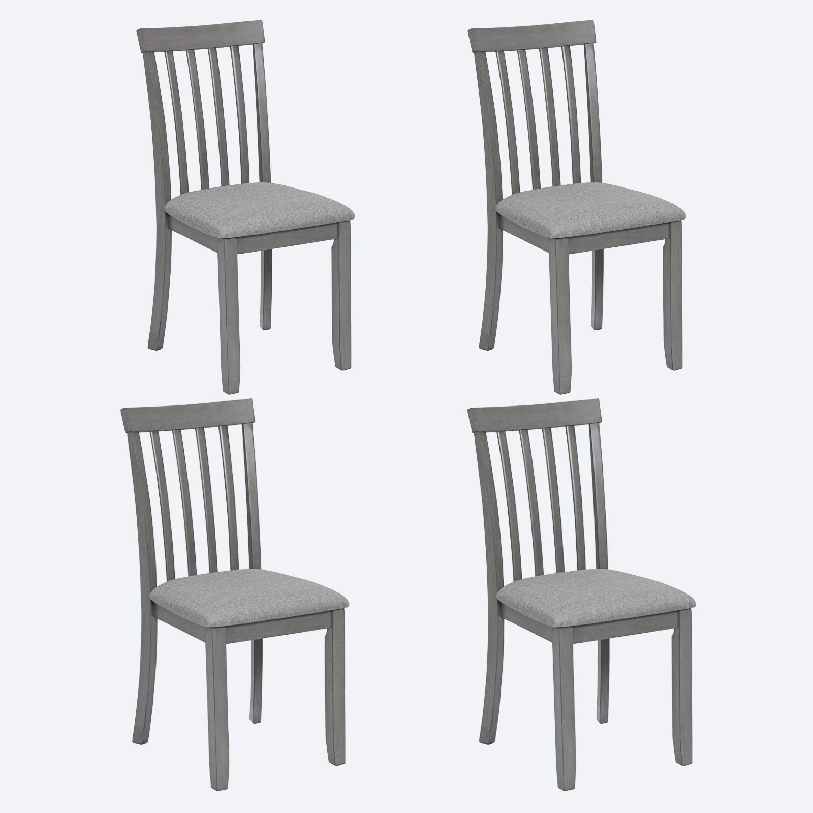 Four gray wooden dining chairs with upholstered seats