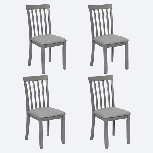 Four gray wooden dining chairs with upholstered seats